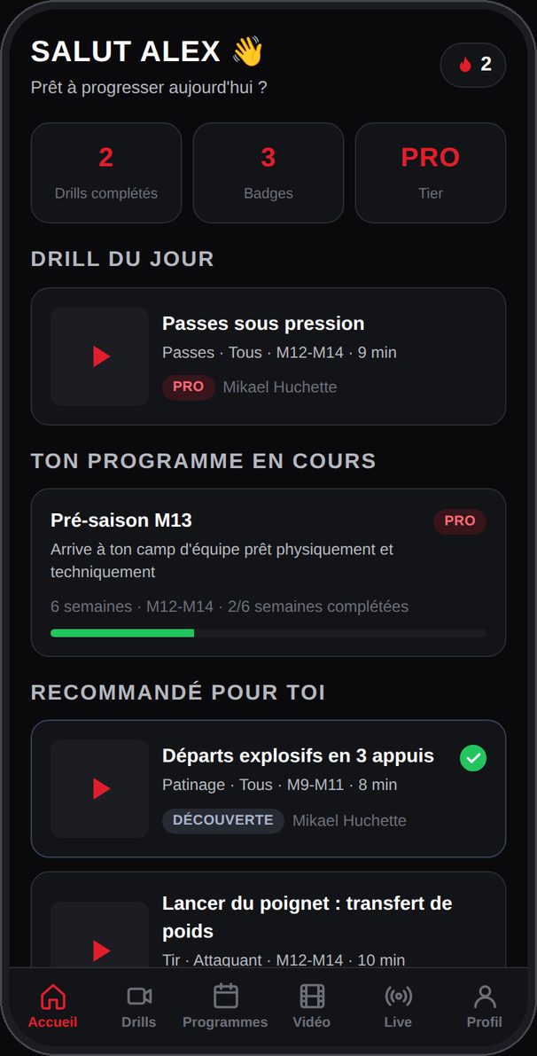 Écran d'accueil de l'app Academy MH